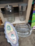4 pc. glass and ceramic grouping including canister and silver rimmed vase, triple divided tray