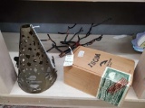 Wire and wood - Dept 56 candle shade, cigar Box, and wire wine bottle holder