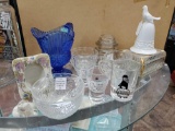 Glass grouping including Cobalt Mini pitcher, punch cups, insulator, shot glasses, Avon