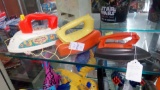 TRIO OF VINTAGE TOY CLOTHES IRONS, METAL AND PLASTIC, WOLVERINE TOY, FISHER-PRICE MUSIC BOX