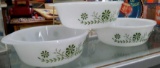 (3) vintage glass bake white and green flowers casserole