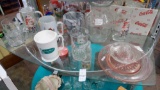 Shelf Group of Vintage Glass and More; Including Reamer, and Marble Mortar