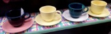 (8) PC FIESTA MUGS AND SAUCERS MULTI COLORED WHITE, COBALT, YELLOW, PINK, BLUE