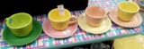 (8) PC FIESTA MUGS AND SAUCERS MULTI COLORED, Pink Yellow Green