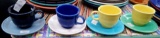 (8) PC FIESTA MUGS AND SAUCERS MULTI COLORED LAPIS, TURQUOISE, WHITE, BLUE, COBALT