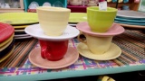 (8) PC FIESTA MUGS AND SAUCERS MULTI COLORED WHITE SCARLET GREEN YELLOW PEACH PINK