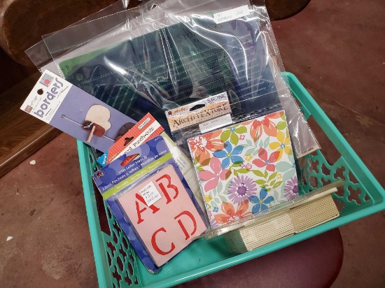 Basket of New packaged CRAFTING ESSENTIALS including stencils, Chipboard Alphabet, punchouts