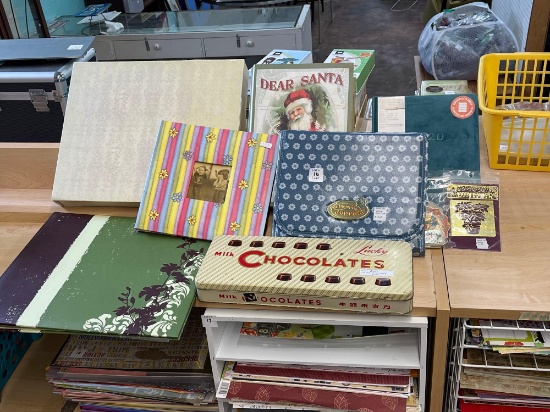 VARIETY LOT - VINTAGE LUCKY CHOCOLATES TIN FULL OF CRAFTING DIE CUTS AND BORDER-SANTA BOOK GIFT