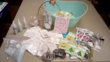 DOUBLE HANDLE BASKET OF VARIOUS TAGS, GEMS, STAMPS, SPARKLE AND SPRINKLE