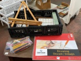 BIN OF ART SUPPLIES-ART EASEL-DRAWING PENCILS