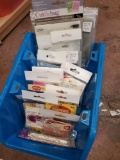 Stacking bin of vtg Sewing Notions, NEW Cuttlebug embossers, paper piercing packa,