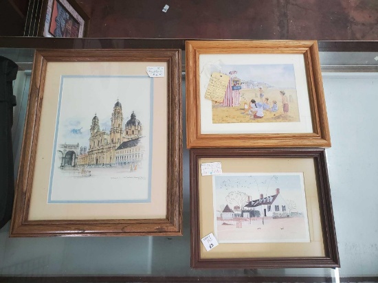 3 framed prints including Anne bell rob, Beach Print, European scene