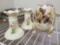 Napco Footed Egg Vase and (2) Lefton Rose Candle stick holders