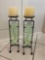 UNIQUE PAIR OF METAL AND GREEN GLASS CANDLE HOLDERS