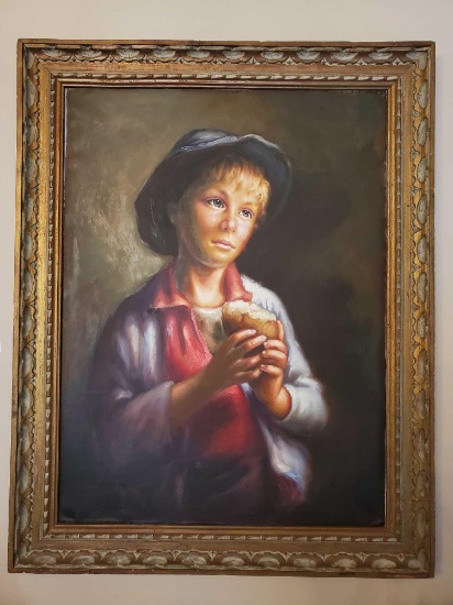 Captivating, Large Vintage, signed, Oil on Canvas, Country Boy with Bread,