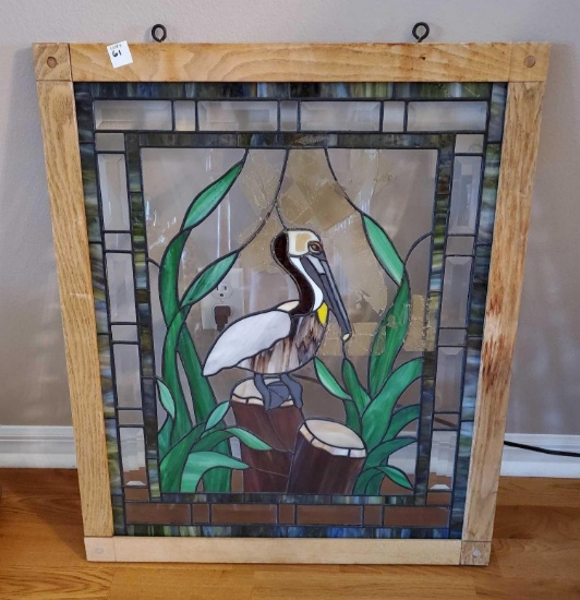 Wood Framed Pelican STAINED GLASS window, hanging