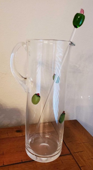 Tall Glass Cocktail Pitcher with stirrer and Glass olives