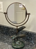 METAL/BRASS ? - DOLPHIN MAKEUP MIRROR WITH HEAVY MARBLE BASE plus CANDLE AND GLASS TRAY