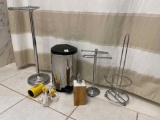 LOT OF CHROME/SILVER BATHROOM ACCESSORIES WITH SHOWER CURTAIN and HOOKS