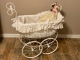 WICKER BABY BASSINET - STROLLER WITH PORCELAIN HANDLE - DOLL INCLUDED