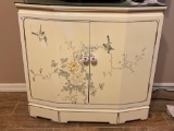 Vintage Ivory Lacquered Wood Hand Painted Bird Flowers Cabinet Console Table with glass topper