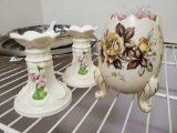 Napco Footed Egg Vase and (2) Lefton Rose Candle stick holders