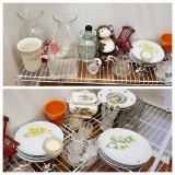 Shelf grouping including hurricane vases, Pfaltzgraff, vtg Luncheon plates. crystal and more