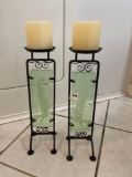 UNIQUE PAIR OF METAL AND GREEN GLASS CANDLE HOLDERS