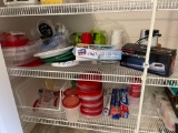 TWO SHELVES CONTAINING CARVING KNIFE, ELECTRIC CAN OPENER - PLASTIC STORAGE CONTAINERS