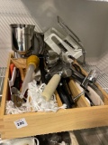 WOODEN STORAGE TRAY FULL OF KITCHEN ESSENTIALS-CHOPPER-BATTER DISPENSER-PIZZA CUTTERS