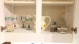 KITCHEN CUPBOARD SHELF OF GLASS AND CERAMICS INCLUDING LOVELY HAND PAINTED GOBLETS