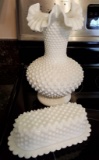 vintage FENTON Hobnail Milk Glass vase, and covered butter dish