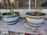 Pair of BOURBON BARREL PLANTERS with contents