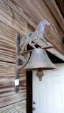 HEAVY PATINA CAST IRON DINNER BELL WALL MOUNTED WITH HORSE