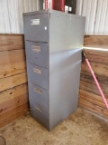 FIVE DRAWER FILING CABINET WITH CONTENTS, WOODWORKING MAGAZINES, SANDING BELTS, MORE