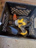 CRATE CONTAINING HAND TOOLS INCLUDING DEWALT CORDLESS DRILL WITH BATTERY, RYOBI DRILL WITH CHARGER,