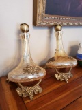 (2) Stunning Crackle Glass wine decanters with BRASS stoppers and stands