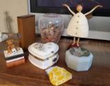 Trinkets and Lovelies including PEACE angel, crackle vase, and trinket boxes
