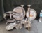 BOX LOT OF SILVER PLATE, CHROME, SHINY SERVING ITEMS
