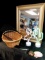 Decor grouping with lovely golden tone mirror, beveled edge, and LED