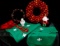 CHRISTMAS DECOR: WREATHS, VINTAGE TABLE RUNNERS, PRECIOUS MOMENTS, CANDY DISH
