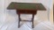 OLD DOUBLE SIDED DROP LEAF SIDE TABLE, GREEN LEATHER TOP INLAY
