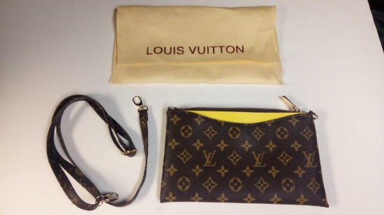 UNVERIFIED LOUIS VUITTON CLUTCH, CHOCOLATE AND GOLD WITH DUST BAG AND STRAP