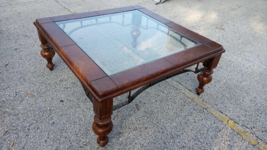 HIGH END STYLE, BEVELED GLASS, DEEP WOOD AND METAL COFFEE TABLE, SQUARE