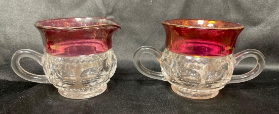 Vintage Ruby Red King's Crown Thumbprint Cream and Sugar Set