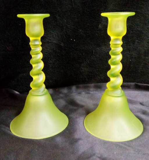 U S Glass Co. 1920s Aurora Canary Stretch Glass Vaseline Twisted Candlesticks