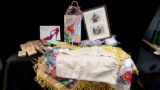 TRAY GROUP OF CRAFT AND SEWING WITH VINTAGE FABRICS, TASSLED