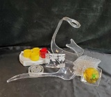 RESIN AND VINTAGE PLASTIC ITEMS INCLUDING PAPERWEIGHTS, ASHTRAYS, NAPKIN RINGS, LADLE HOLDER