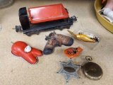 VINTAGE THIS AND THAT INCLUDING ALUMINUM NOISE MAKER AND LIONEL TRAIN CAR