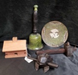 (5) PIECES OF ODD TYPES INCLUDING WOODEN FROG NOISE MAKER, OLD HAND BELL, METAL INLAID PLATE